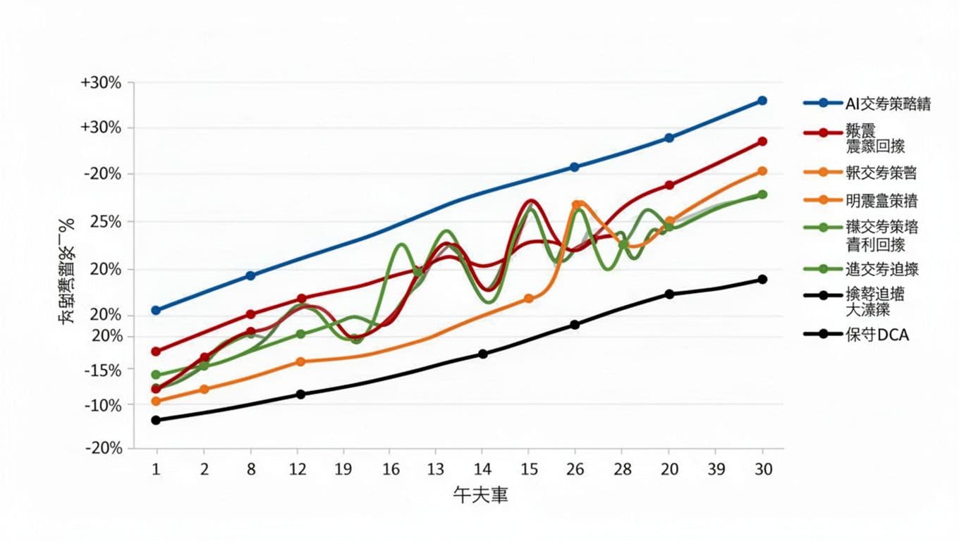A clean, professional landscape financial chart on a white background showing five smooth, colored curves representing different AI trading strategies' returns from -20% to +30% over 30 days. Blue line steadily rises, red has drawdowns, green oscillates profitably, orange surges on trends, black follows conservative DCA, marked with dots, no text or labels.