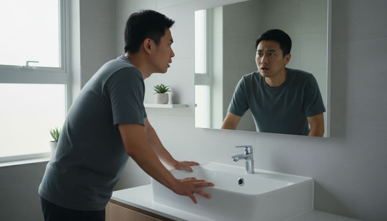 A young Taiwanese man in his 30s stands anxiously before a bathroom mirror, gazing at his reflection with concern, hands on sink edges, in a modern bathroom with soft natural light.