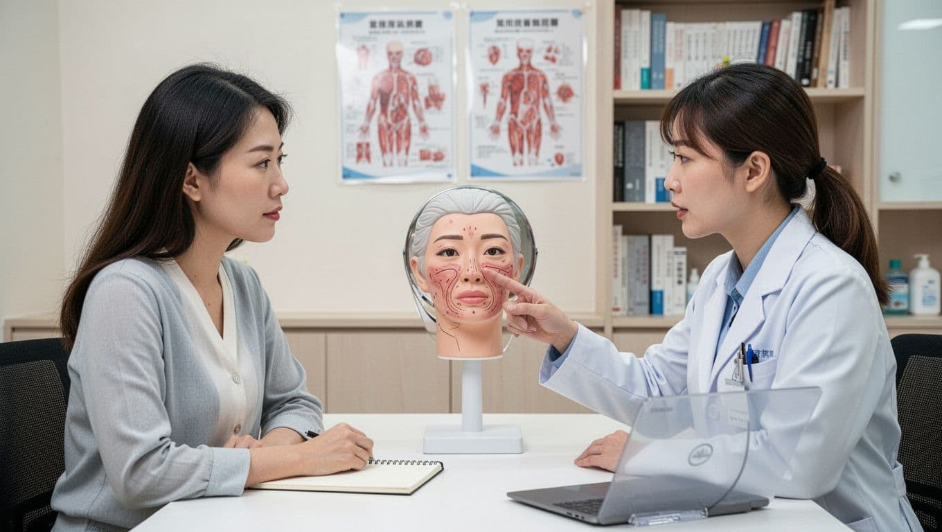 An Asian female patient sits attentively face-to-face with a doctor in a clean clinic, as the doctor points to a facial model demonstrating sunken areas. The professional interaction conveys trust and collaboration in a realistic, brightly lit environment with medical bookshelves in the background.