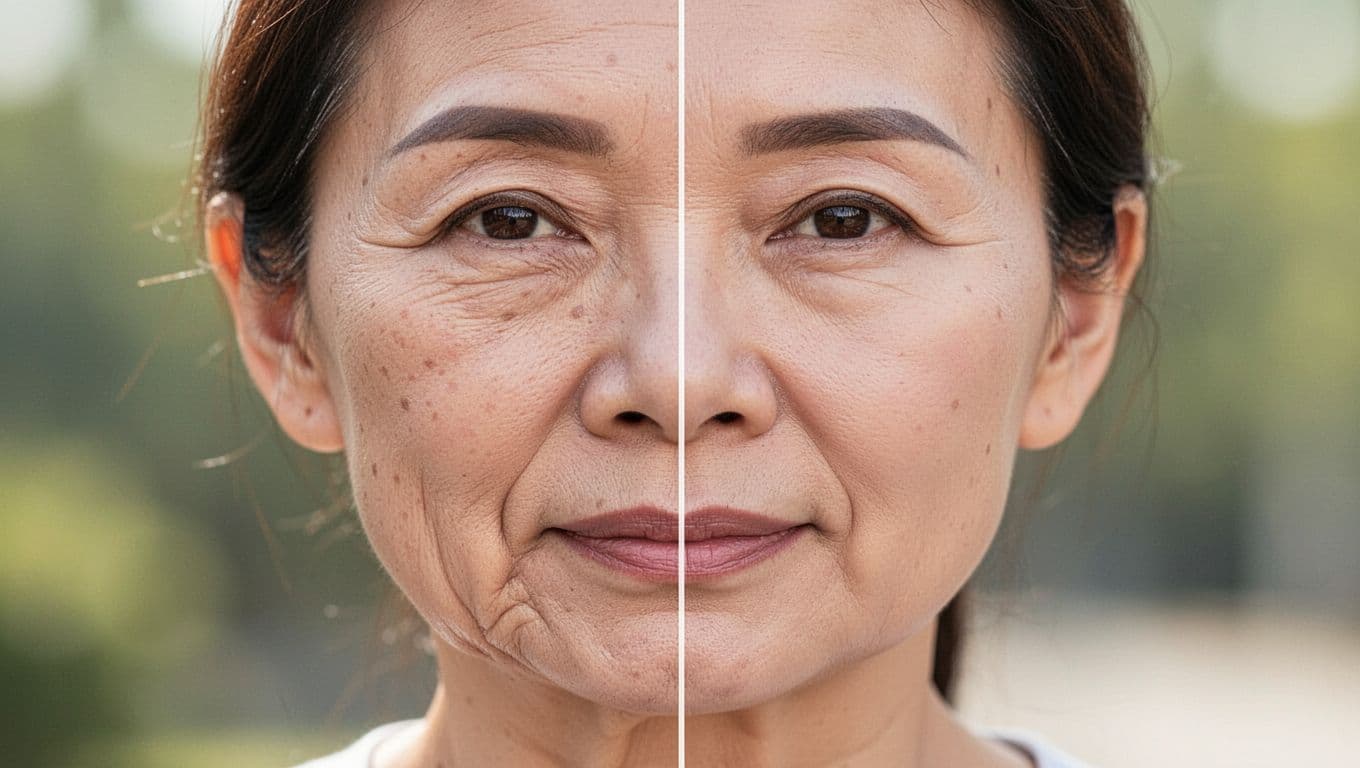 Split-image realistic portrait of a 40-year-old Asian woman's face showing before and after skin tightening treatment, with left side displaying sagging jawline and wrinkles, and right side firmer and smoother.
