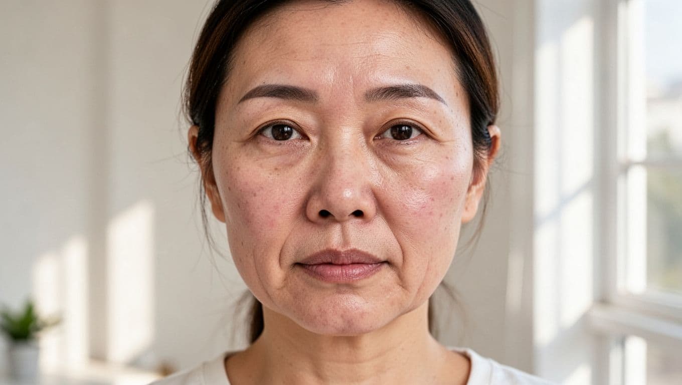 Close-up portrait of an Asian woman's face in early post-facelift recovery, featuring slight swelling, slightly open eye corners, and prominent nasolabial folds under soft natural indoor lighting.