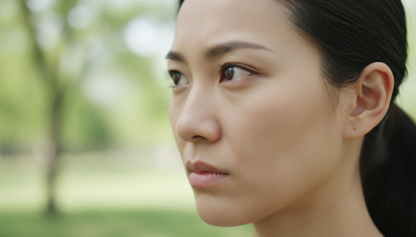 Side profile close-up of an Asian woman's eyes and mid-face showing eye corners pulled outward and upward, fierce tired gaze, and profoundly deep nasolabial folds, in realistic photo style with soft lighting in a bright natural environment.