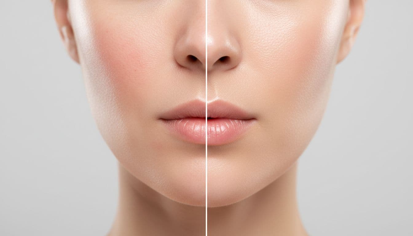 Split image comparing dry, irritated skin on the left with hydrated, glowing skin on the right after basic care, presented in clinical photography style on a neutral background with bright even lighting.