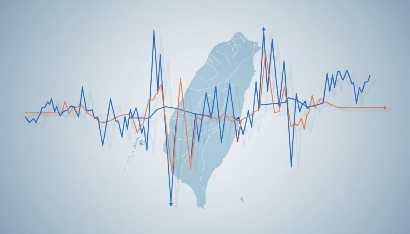 Modern graph chart displaying Bitcoin price volatility with ups and downs, subtly overlaid on a Taiwan map background using blue and orange lines for a clean, professional data visualization.