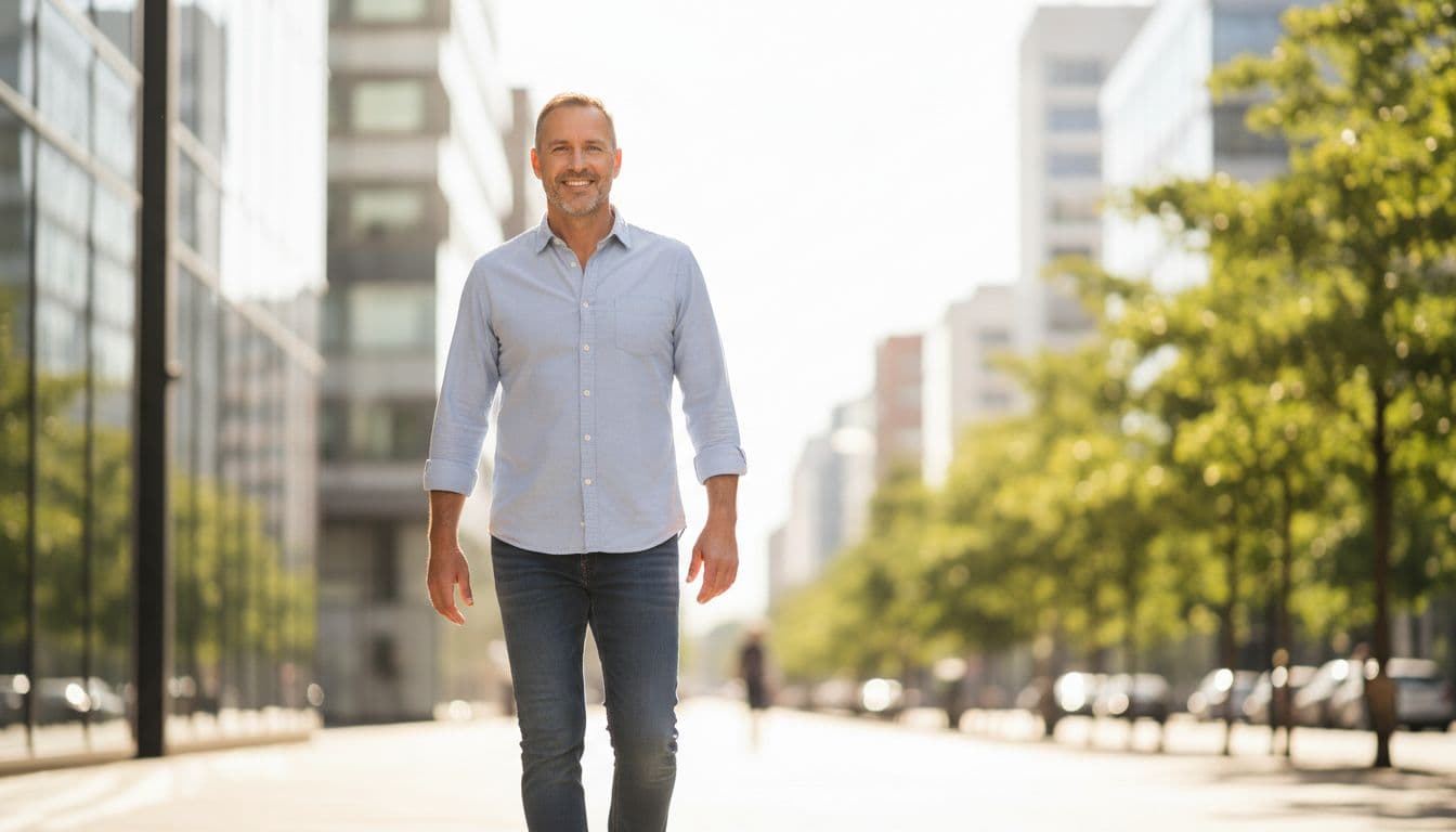 A middle-aged man walks confidently along a sunny city street, smiling forward with a clean casual appearance, blurred urban background, bright natural outdoor light, realistic style, exactly one person with hands relaxed at sides.