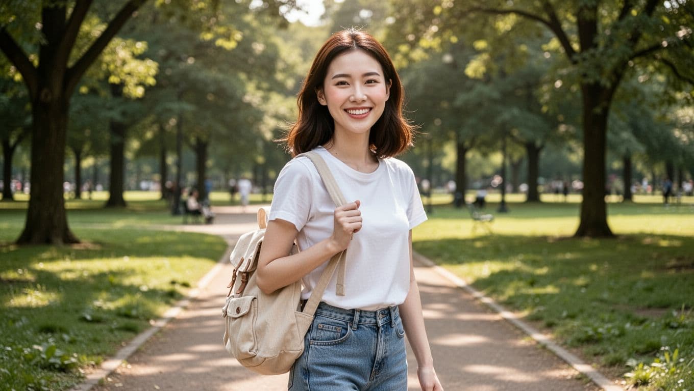 A confident young woman with tight, glowing skin and full cheeks smiles while walking on a park path, carrying a simple canvas bag. Lush green park background under natural sunlight evokes a vibrant, healthy, youthful atmosphere in a realistic front medium shot.