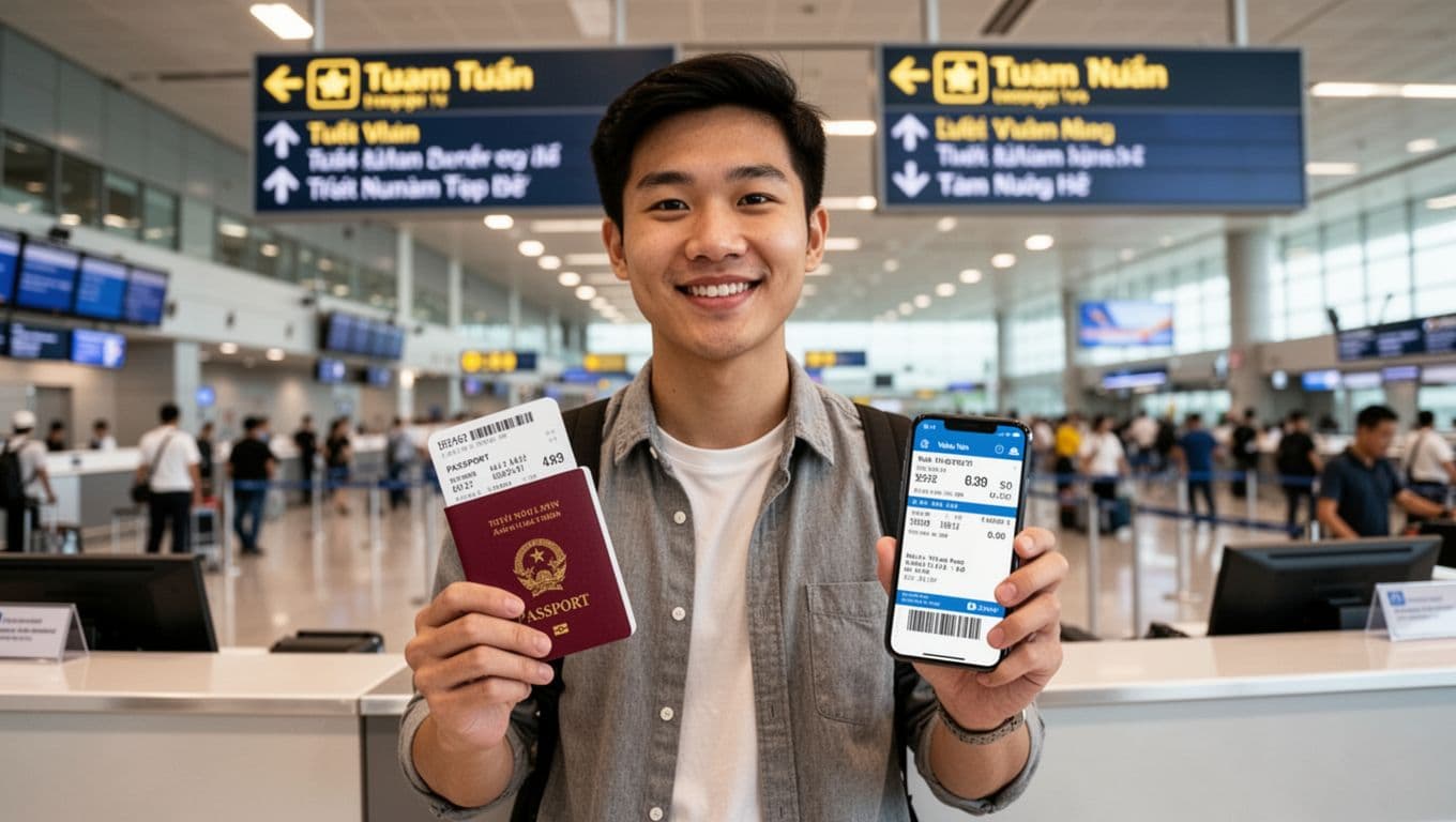 A confident young Asian man stands smiling at an airport counter, holding a passport and phone displaying a Vietnam flight ticket, with a busy airport hall and blurred Vietnam signs in the background, evoking an excited sense of departure.