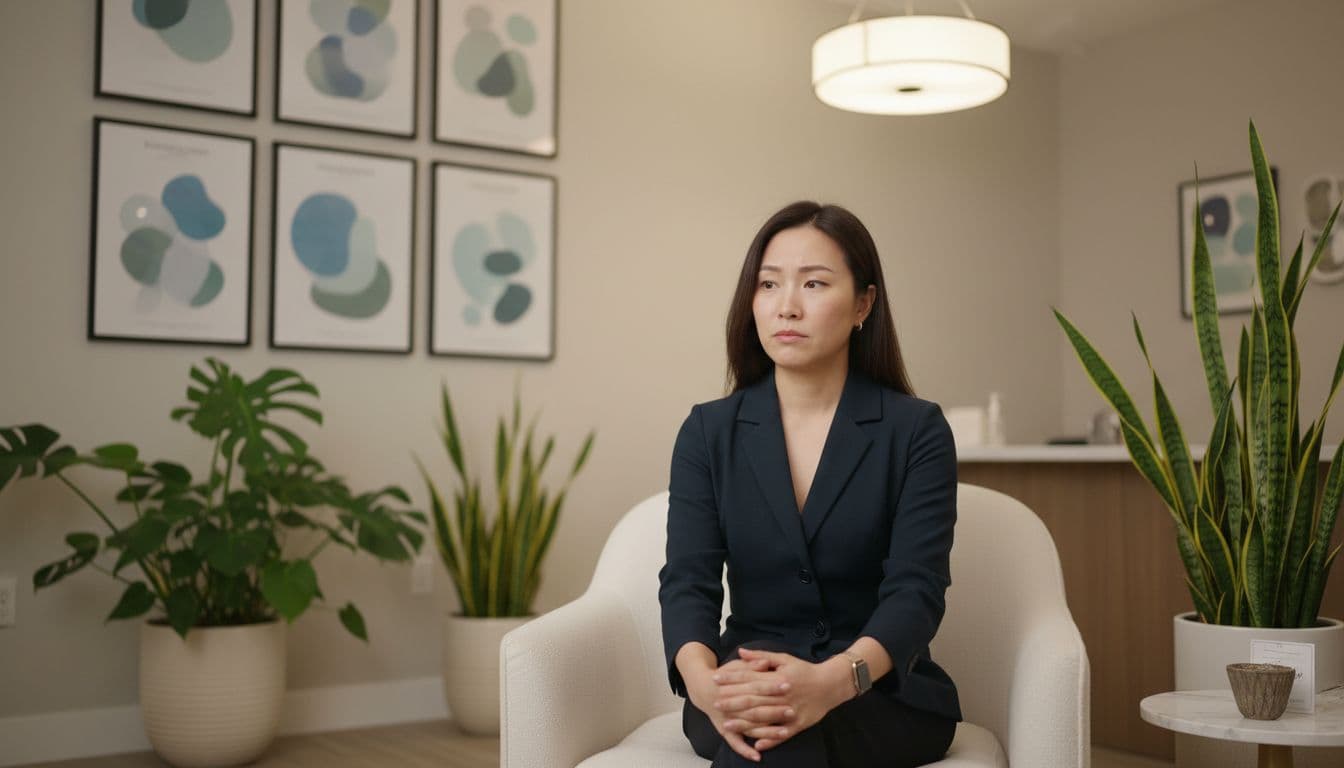 An Asian woman sits in a comfortable chair at a medical beauty clinic with a puzzled, thoughtful expression, hand lightly on her knee, surrounded by medical posters and plants under soft indoor lighting. Realistic photo style with natural details, exactly one person.