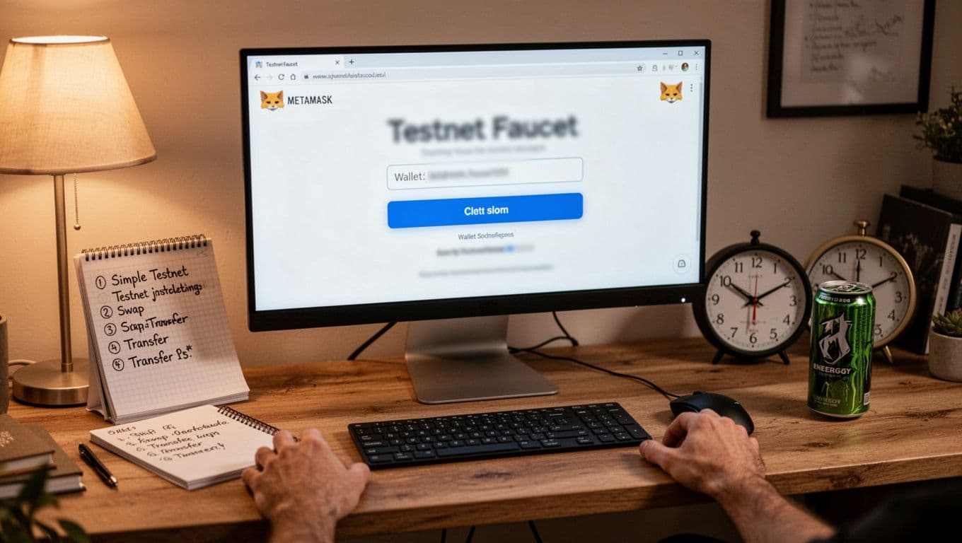 Realistic photo of a cozy home office with a wooden desk, desktop computer showing blurred testnet faucet page and MetaMask icon, notepad listing swap and transfer steps, timer clock, soft lamp light, keyboard, mouse, energy drink, and hands resting on desk edge for an organized workflow vibe.