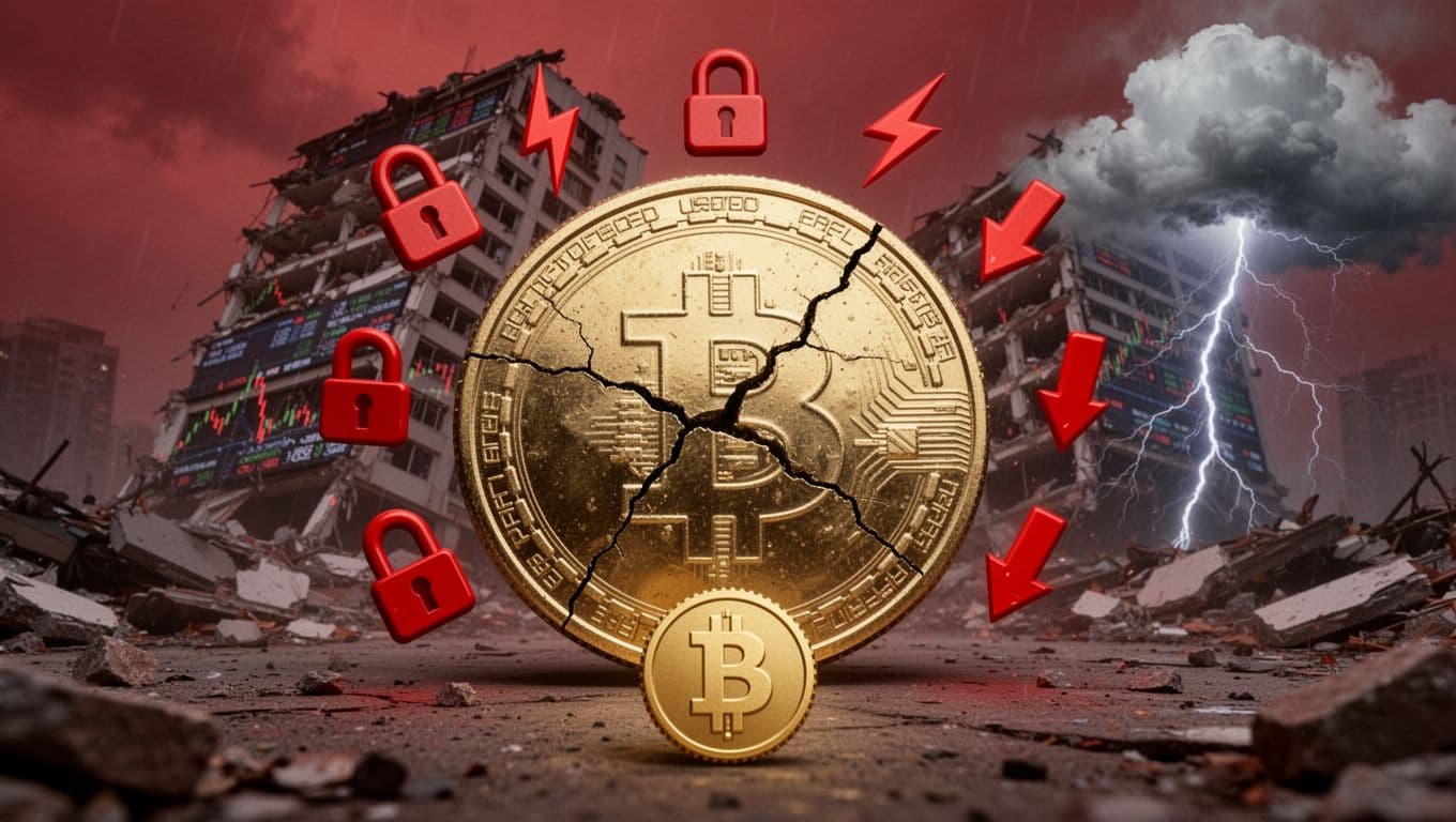 Realistic illustration of a large USDT gold coin with subtle surface cracks, surrounded by red warning symbols including broken locks, lightning bolts, downward arrows, and storm clouds, set against a blurred collapsing exchange building in dark red tones for a tense atmosphere.