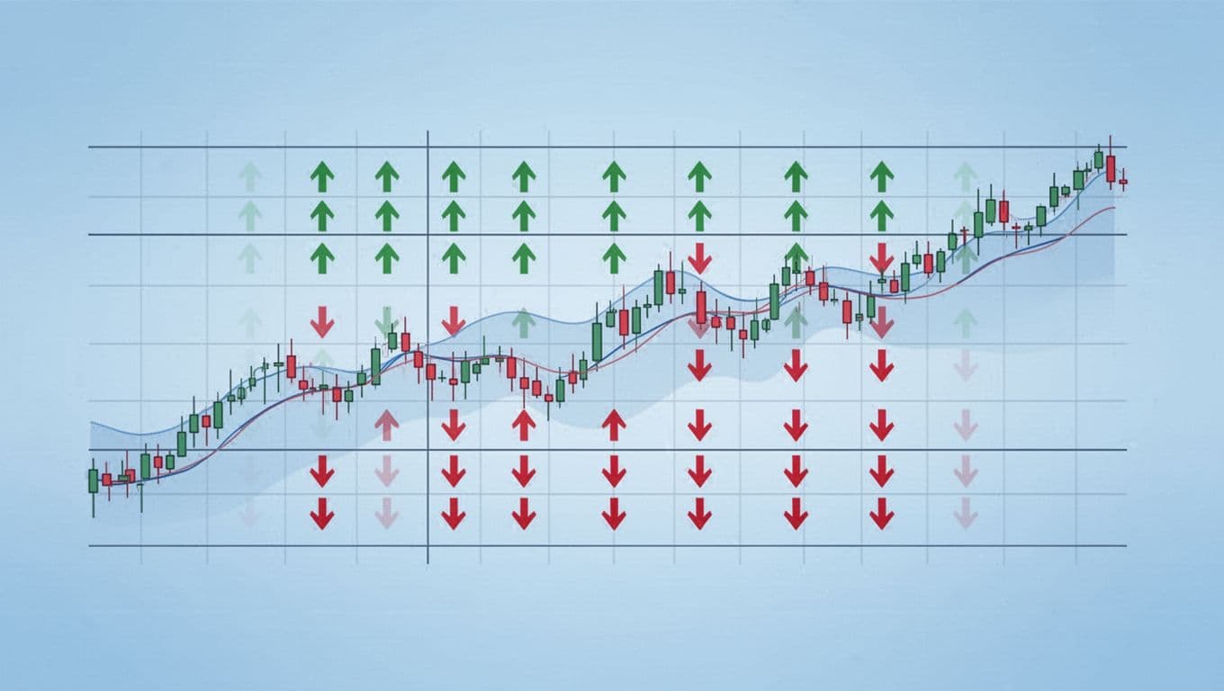 Illustration of cryptocurrency grid trading with price curve fluctuating between horizontal grid lines, alternating green buy and red sell arrows, on a light blue gradient background in professional chart style.