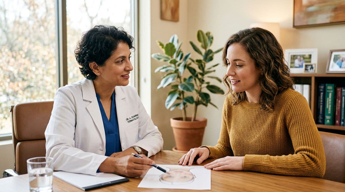 Dermatologist pointing to a simple blurred face diagram on the table while discussing treatment plan with female patient in comfortable clinic office with natural light and warm lighting.