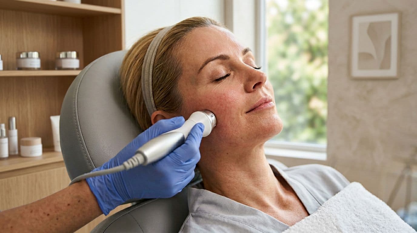 Close-up of a dermatologist's hand gently holding an RF probe on a relaxed patient's cheek during a skin tightening procedure in a professional clinic setting with natural window lighting.