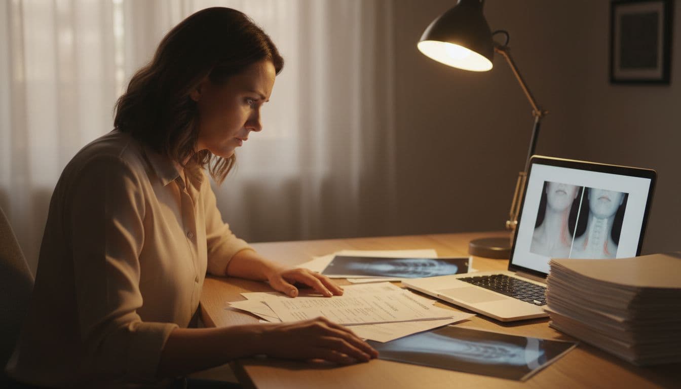 A woman in her 30s sits distressed at a home office desk, reviewing printed medical documents, photos, and a laptop showing before-and-after neck images.