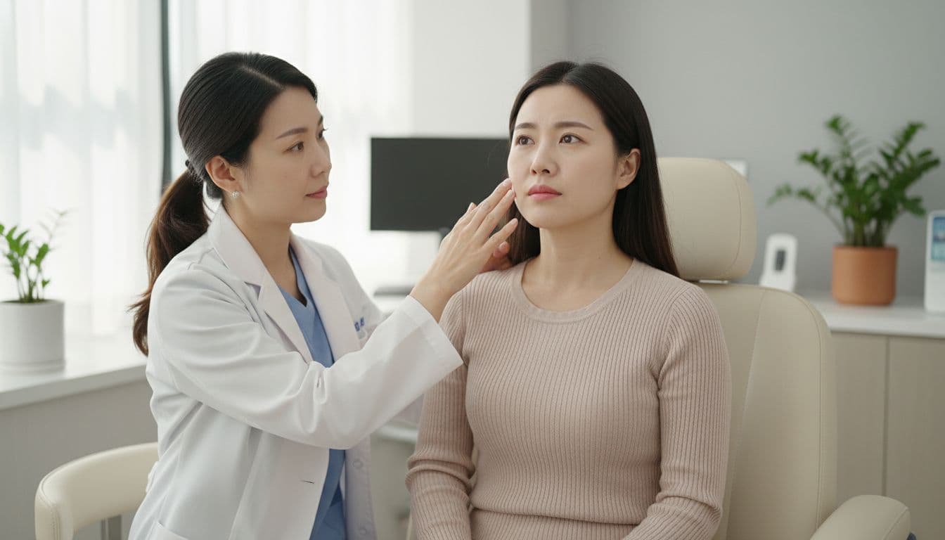 In a realistic clinic scene with natural indoor light, an Asian female patient sits attentively while her doctor in a white coat lightly touches her cheek to check the eye corner and nasolabial folds, front slightly side view.