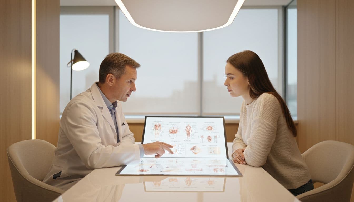 A middle-aged doctor gestures toward a medical beauty treatment chart on the desk, explaining to a young female patient in a bright, modern clinic consultation room. The patient listens attentively under warm, soft lighting, realistic style with high detail.
