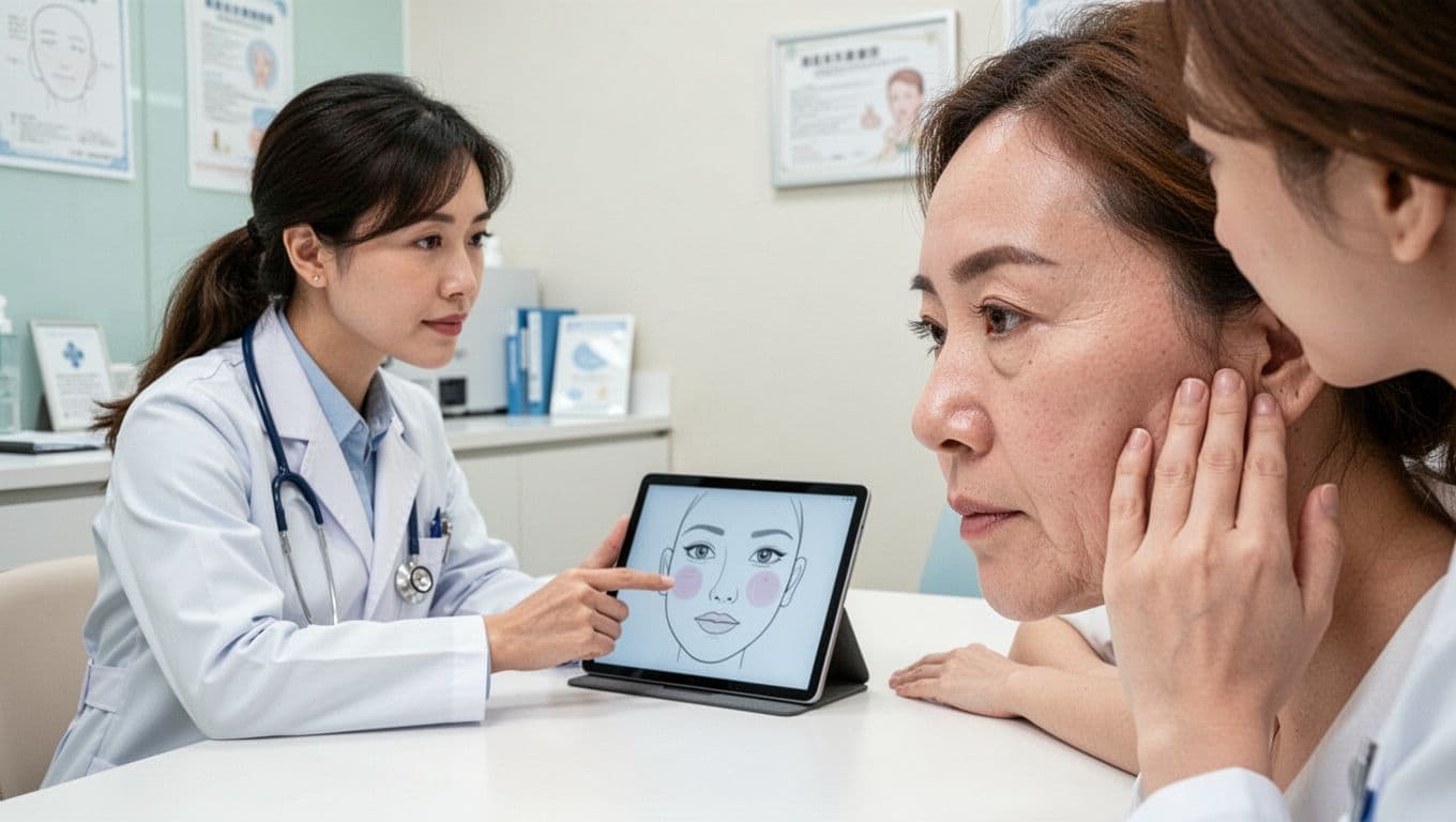 In a medical aesthetics clinic consultation room, a physician discusses facial concerns with a female patient using a tablet showing an abstract face icon, while the patient listens attentively with a clear close-up of slight skin laxity. The professional setting features soft lighting and a trusting atmosphere.