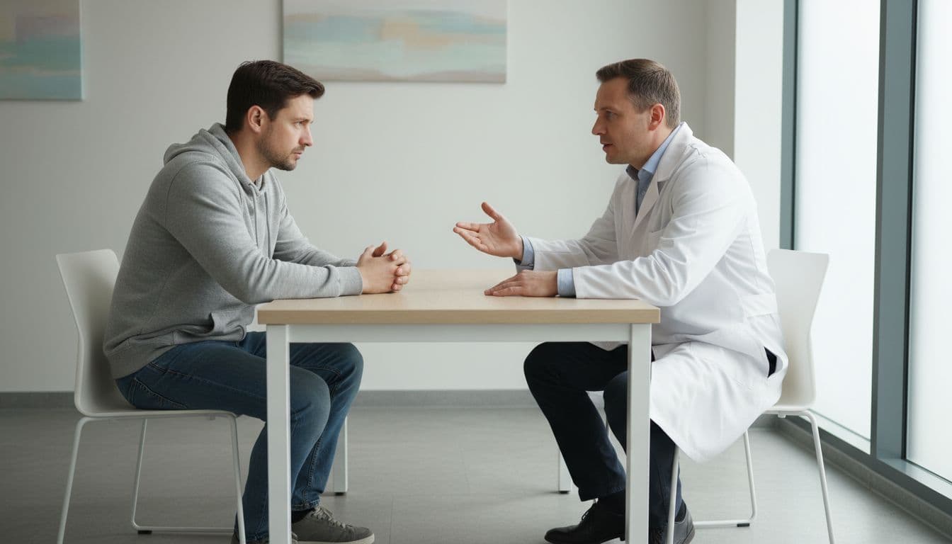 A patient in casual clothes sits across from a doctor in a clean clinic consultation room, both leaning forward in serious discussion about surgical risks, with the doctor gesturing calmly and the patient nodding attentively.