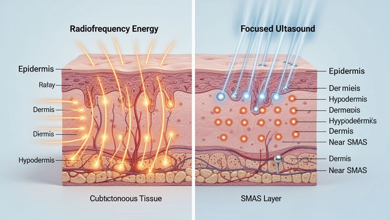 Detailed realistic cross-section of human facial skin layers showing radiofrequency energy evenly heating the dermis on the left and focused ultrasound creating precise heating points at multiple depths on the right.