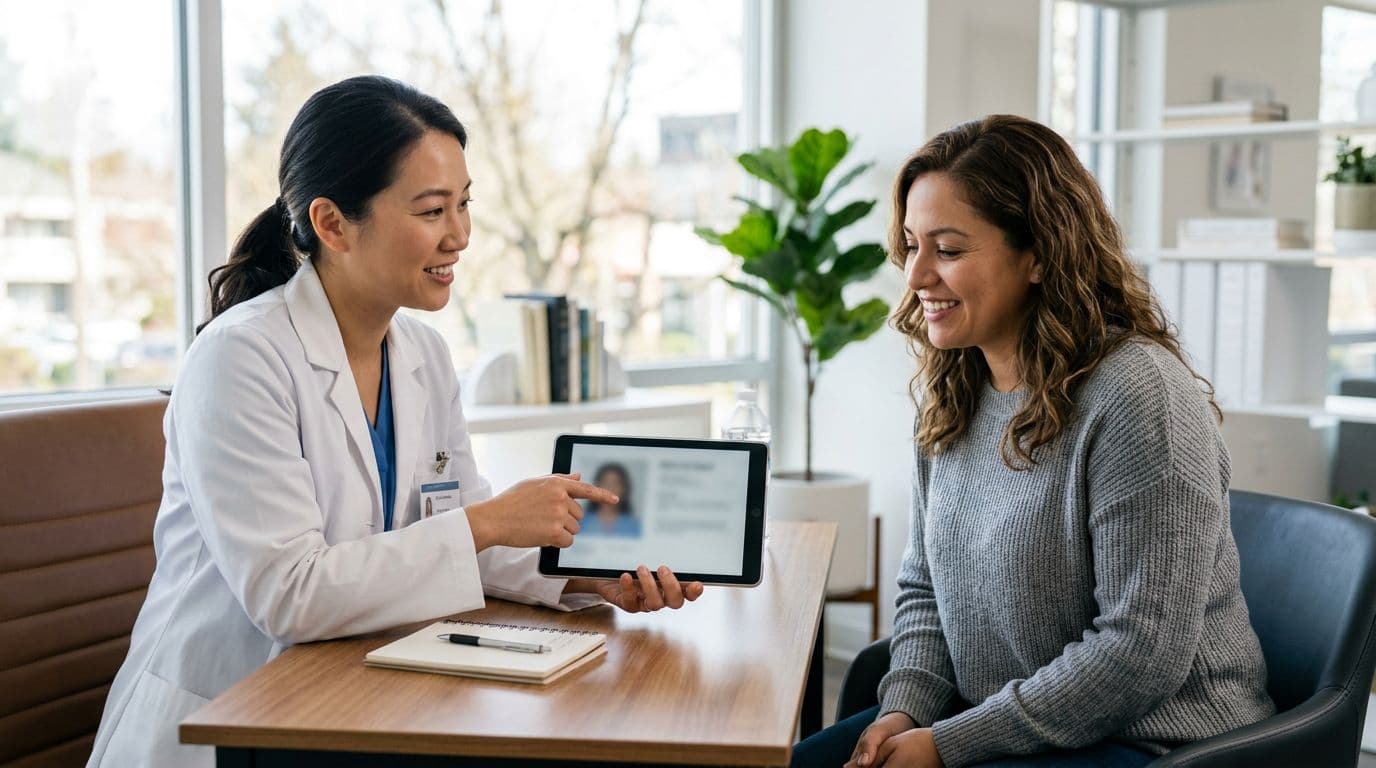 A female doctor in a white coat points at a tablet showing a patient's photo during a relaxed consultation with a seated female patient in a modern clinic, lit by natural window light.