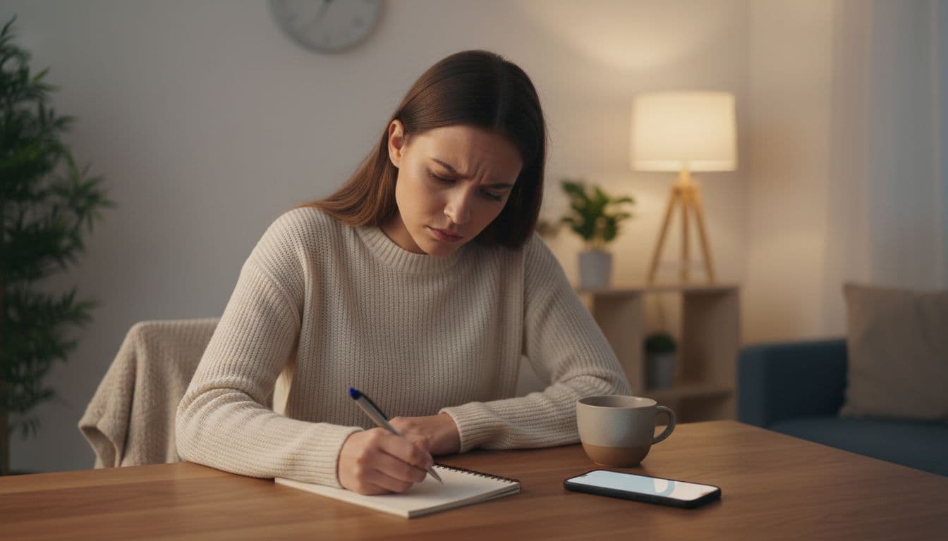 A young woman sits at a wooden table in a simple home environment, holding a pen and writing intently in a notebook, with a smartphone and coffee cup nearby, showing a concentrated thoughtful expression under warm lighting in realistic style.