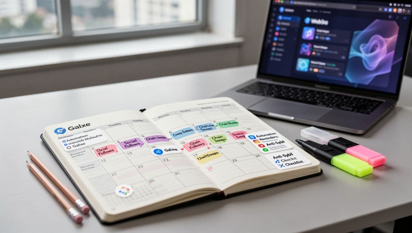 Photorealistic open planner notebook on a desk shows calendar grid with spaced Galxe tasks like social follows and chain swaps, nearby laptop with blurred Web3 tabs, automation reminders, anti-sybil icons, pencil, and highlighter in a professional office.
