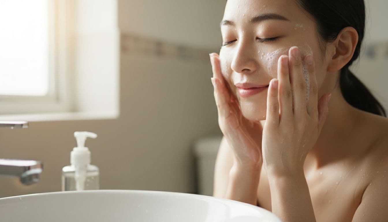 A young Asian woman with clear skin gently washes her face using a mild cleanser over a bathroom sink, with morning light filtering through the window and water droplets on her relaxed face and hands.