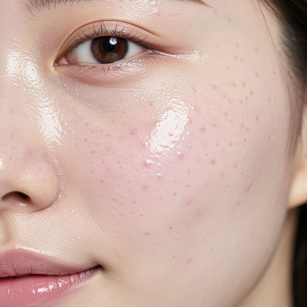 Extreme close-up macro photo of young woman's healthy, moisturized skin featuring smooth fine pores, even tone, natural sheen, pinkish translucency, and sharp foreground texture details with softly blurred background.