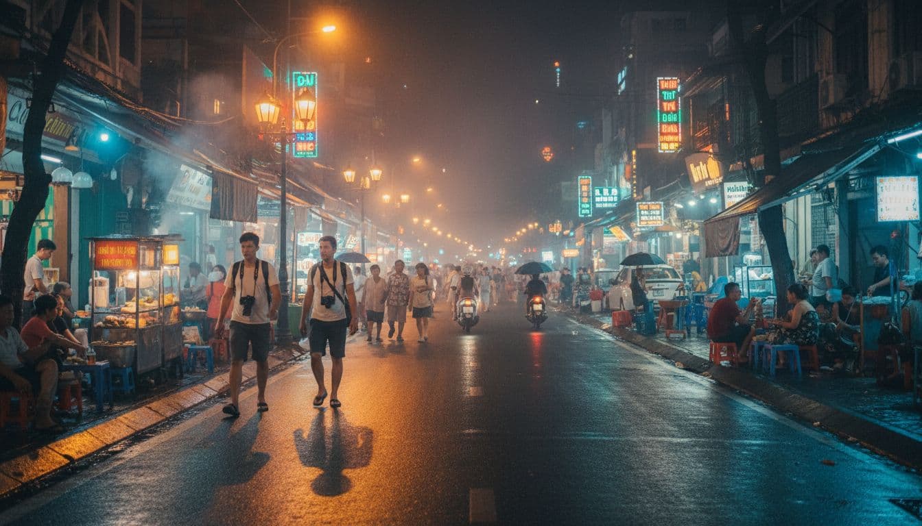 A lively night street scene in Ho Chi Minh City, Vietnam, illuminated by colorful neon lights from bars and food stalls, with a few locals and one tourist walking casually in a warm, not overcrowded atmosphere.
