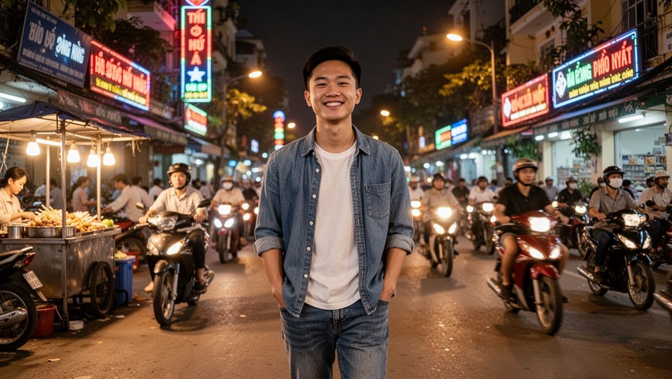 A confident young Asian man strolls alone with hands in pockets on a bustling Ho Chi Minh City night street, smiling and enjoying the vibrant atmosphere. Background features neon signs, street food stalls, and streams of motorbikes under warm lights.