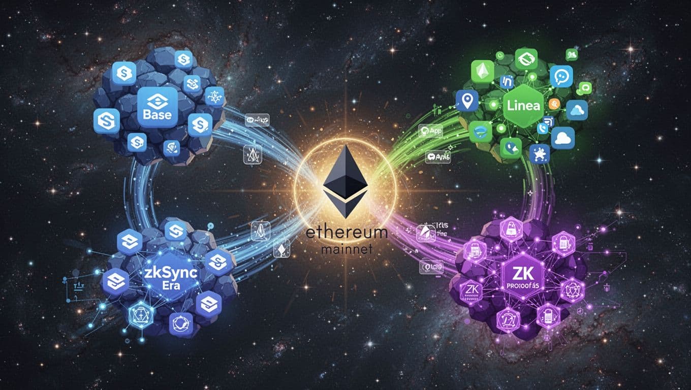 Dynamic digital illustration of Ethereum mainnet as a central glowing core connected via bridges to three Layer 2 clusters: blue Base with swap icons, green Linea with dApp symbols, and purple zkSync Era with ZK proof nodes, with low gas fee transactions as light streams in a starry cosmic background.