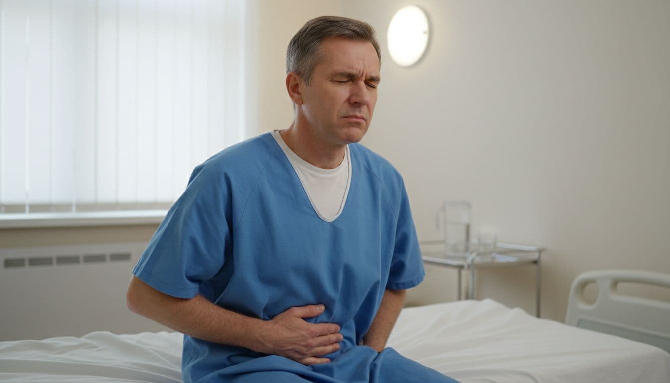 A middle-aged man sits on a hospital bed in a simple clinic room, pale-faced with pain, gently pressing his lower abdomen over clothing, captured in realistic medical style emphasizing discomfort.