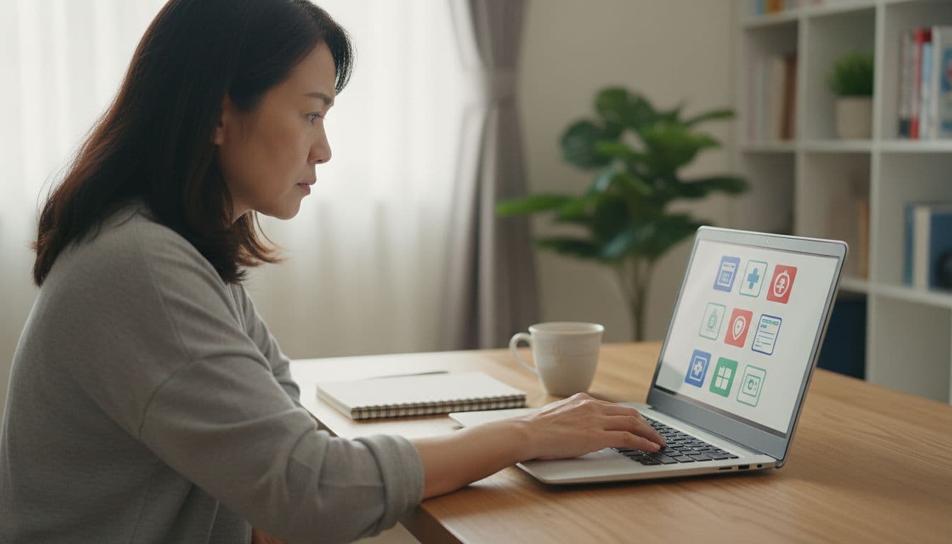 A middle-aged Taiwanese woman sits focused at her home desk, using a laptop to research a doctor's background with blurred certification icons on the screen, notebook and coffee nearby, in a realistic style with natural daylight.