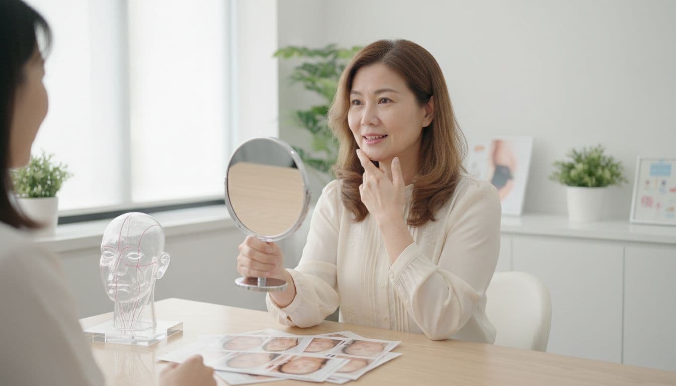 A middle-aged Taiwanese woman sits in a bright professional medical beauty clinic consultation room, facing the doctor with an expectant and excited expression while holding a mirror to examine her sagging face. The table features facelift surgery models and photos in a realistic, high-detail single-person scene with soft natural light.