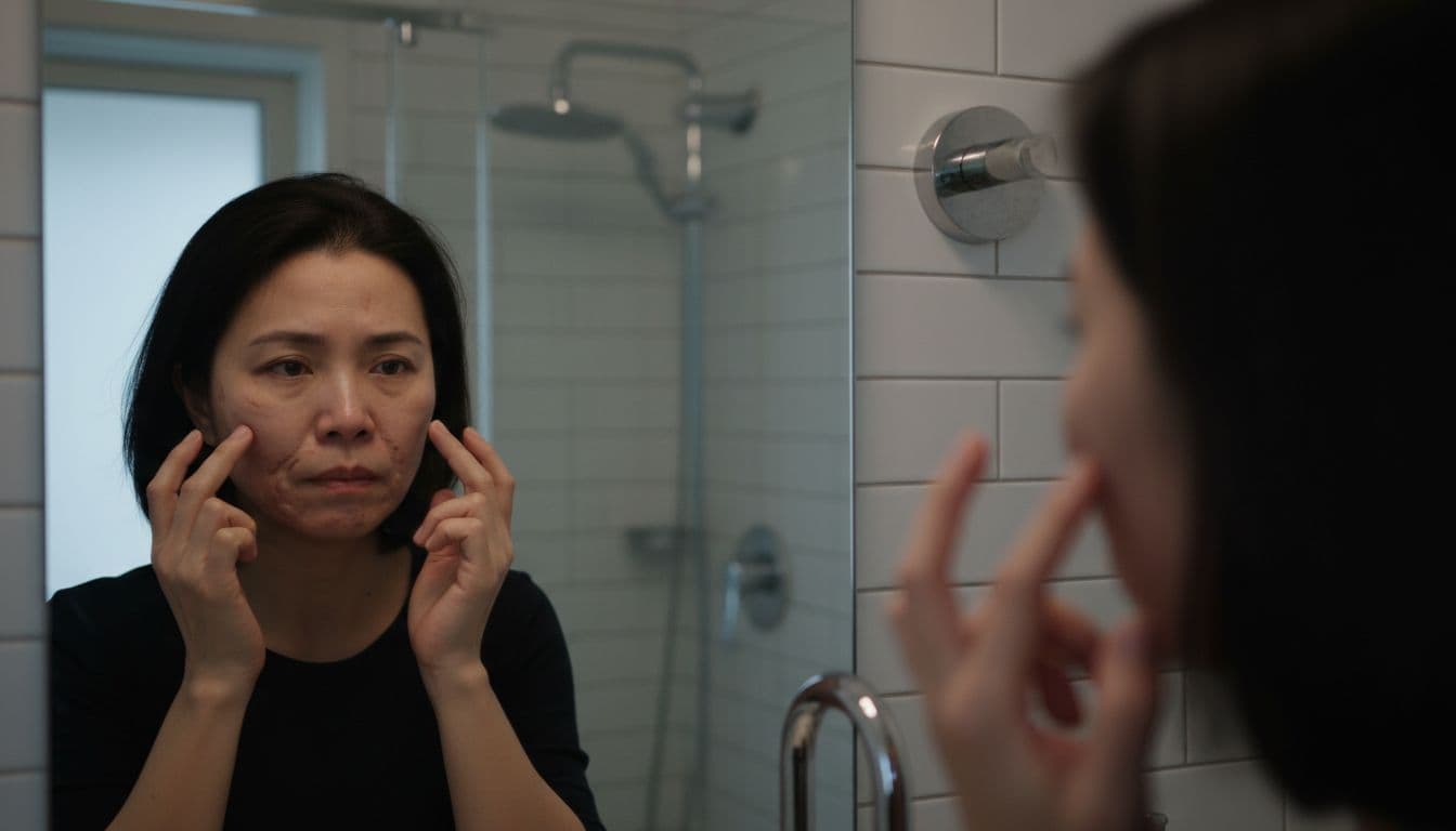 A middle-aged Taiwanese woman stands before her bathroom mirror, gently touching unnatural facelift scars and swelling on her face, her expression filled with frustration and self-blame, with a distorted reflection showing her altered features.