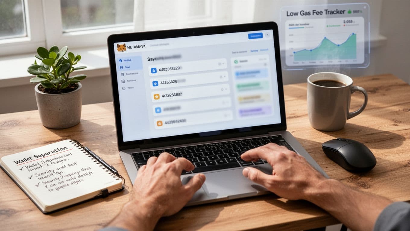 A realistic photograph of a modern wooden desk workspace featuring a laptop with a blurred MetaMask wallet interface on a Layer 2 network like Base, displaying multiple wallet addresses and a low gas fee tracker, accompanied by a notebook with security notes, coffee mug, plant, and natural daylight illumination.