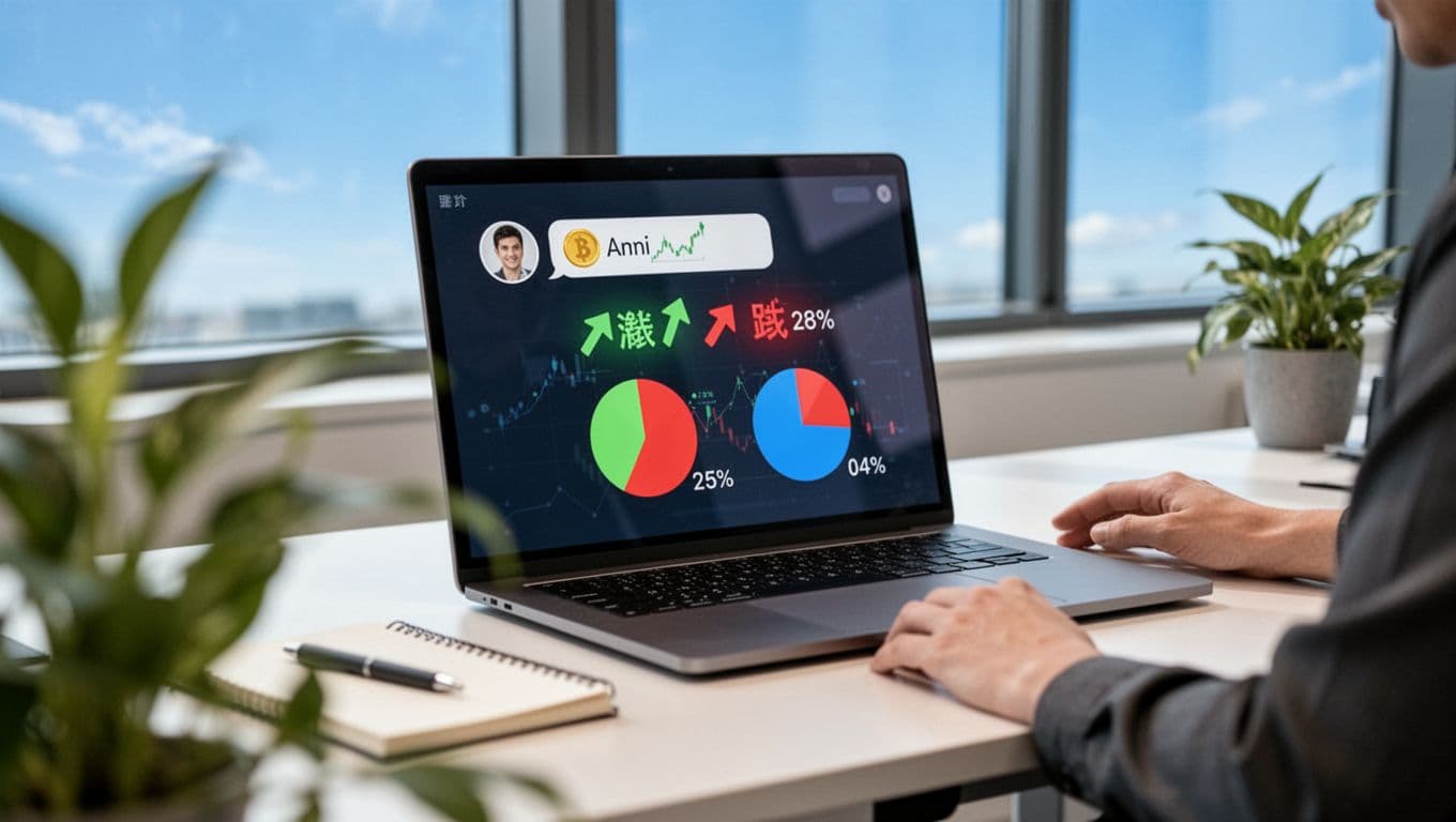 Realistic photo of a laptop on a modern desk displaying a chat interface with user crypto price query and AI response showing up/down arrows and probability pie charts. Scene features mouse, notebook, blurred foreground plant, blue sky window background, and hands resting on desk edge in a bright, productive tech atmosphere.