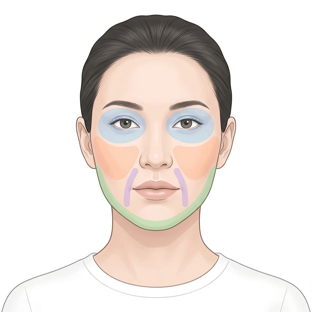 Illustrative neutral female face model with facial treatment zones highlighted in soft colors: jawline, marionette lines, cheeks, and periorbital eye area. Front-centered view with even lighting, no text, labels, or additional elements.