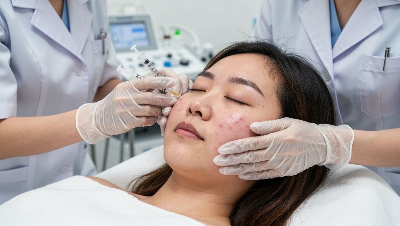 A professional medical aesthetics doctor in a clean clinic gently positions a syringe near the cheek of a relaxed, eyes-closed Asian female patient lying down, with subtle skin swelling on her delicate face and blurred medical equipment in the background under bright natural light.