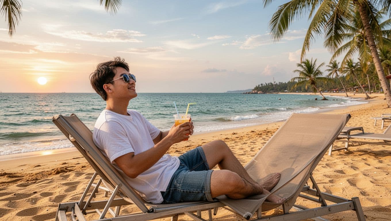 A young man sits on a lounge chair at Vietnam's Da Nang beach, wearing sunglasses, holding a cool drink, and gazing relaxed at the sea. Background features blue waters, golden sand, sunset sky, and sparse palm trees in a realistic vacation photo style.
