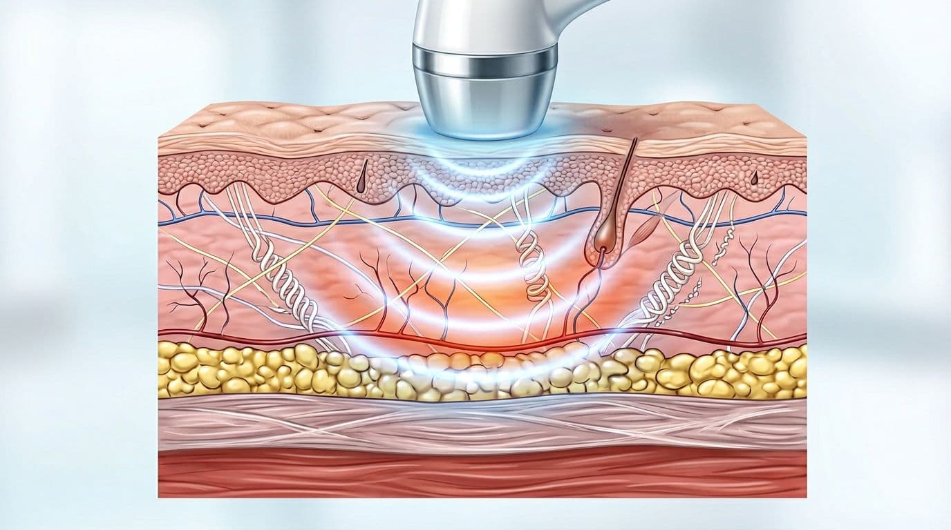 Realistic medical illustration of human facial skin layers in cross-section during radiofrequency skin tightening treatment, depicting RF energy waves penetrating from epidermis to dermis and SMAS, heating collagen for contraction and regeneration, with soft blue lighting.