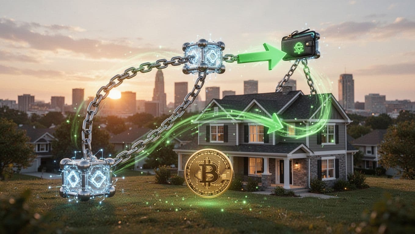 A detailed 3D render of a modern American house model connected by metal chains to glowing blockchain nodes, with green rent yield arrows flowing to a virtual wallet, against a serene suburban skyline at sunset.