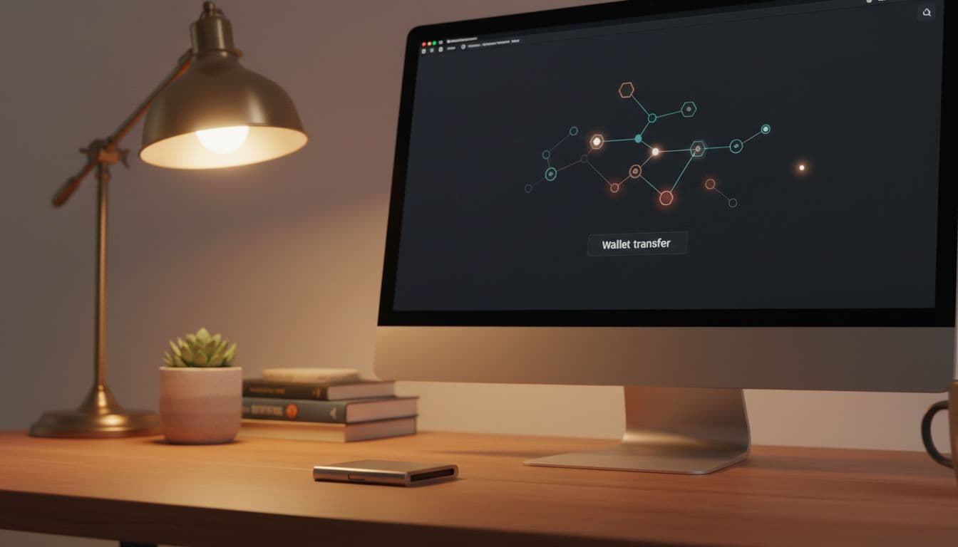 Realistic product photo of a hardware wallet device beside a computer screen showing wallet transfer confirmation on a wooden desk with plant and warm lamp lighting in a secure home environment.