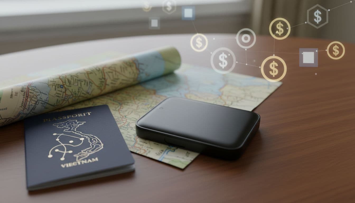 Top-view realistic photography of a secure hardware wallet on a table next to a passport and Vietnam travel map, with subtle stablecoin icons in the background, in a safe home environment with soft natural light.