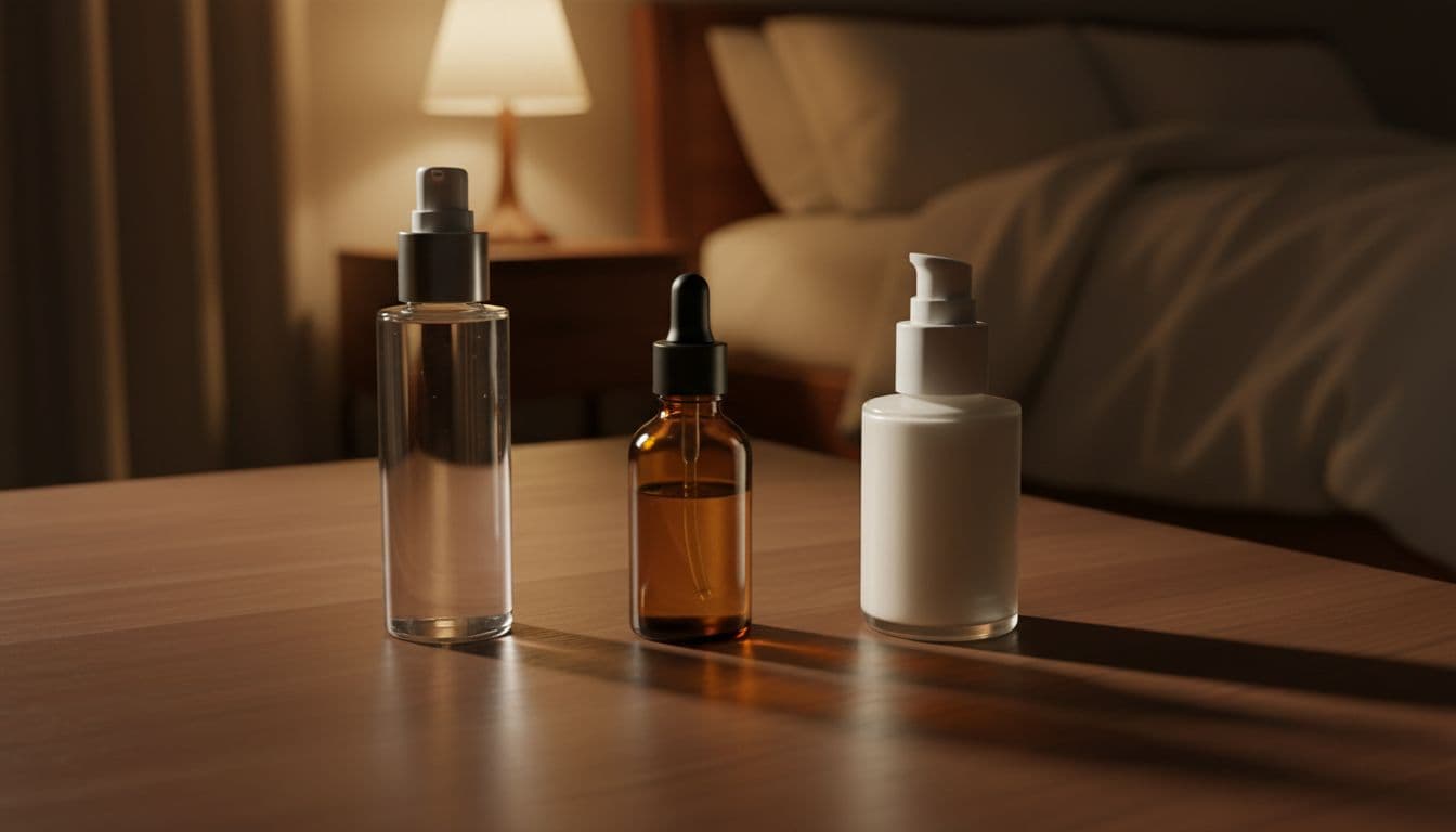 Layers of skincare products including toner, serum, and emulsion arranged in sequence from thin to thick textures on a vanity table in a soft bedroom at night, top-down photorealistic composition with warm ambient lighting, no people, text, or extra items.