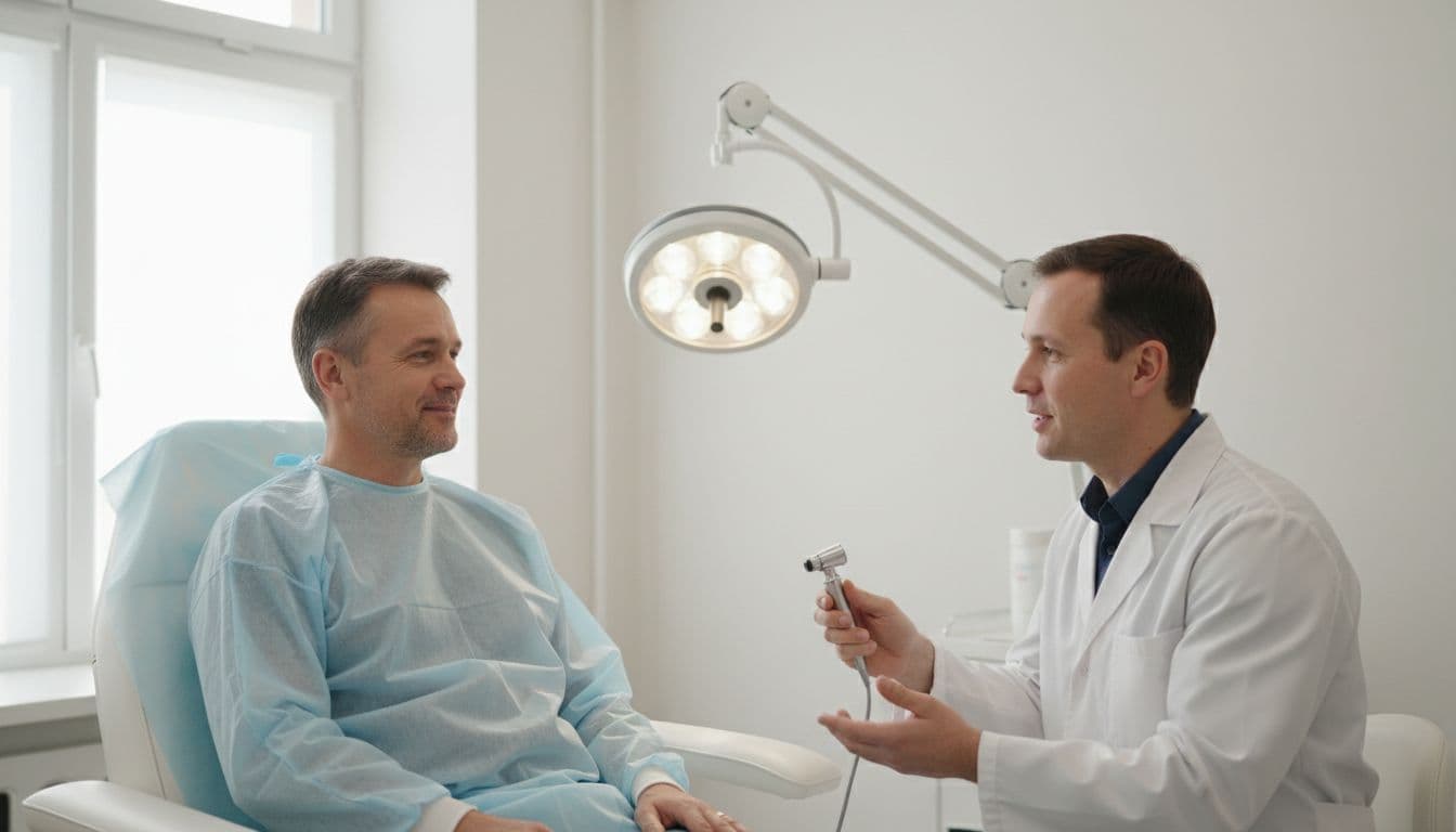 In a comfortable bright plastic surgery clinic, a middle-aged male patient sits relaxed and smiling on the exam chair as the white-robed doctor holds simple tools and discusses casually, with medical lights, clean walls, and natural daylight in realistic photography style.