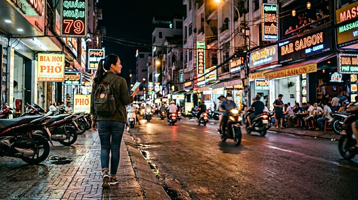 A confident solo traveler walks with a phone for navigation on a vibrant neon-lit street in Ho Chi Minh City, Vietnam, at night. The wide landscape view includes bars, scooters, and soft warm street lamp glow.