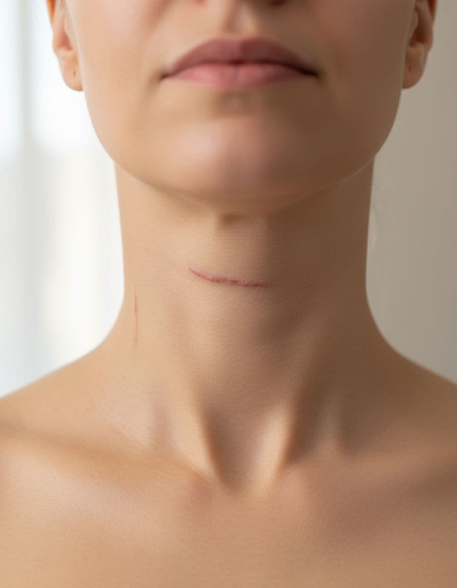 Realistic close-up of a woman's neck post-surgery exhibiting unnatural thickness, blurred jawline, slight asymmetry, and visible scarring in a medical consultation room.