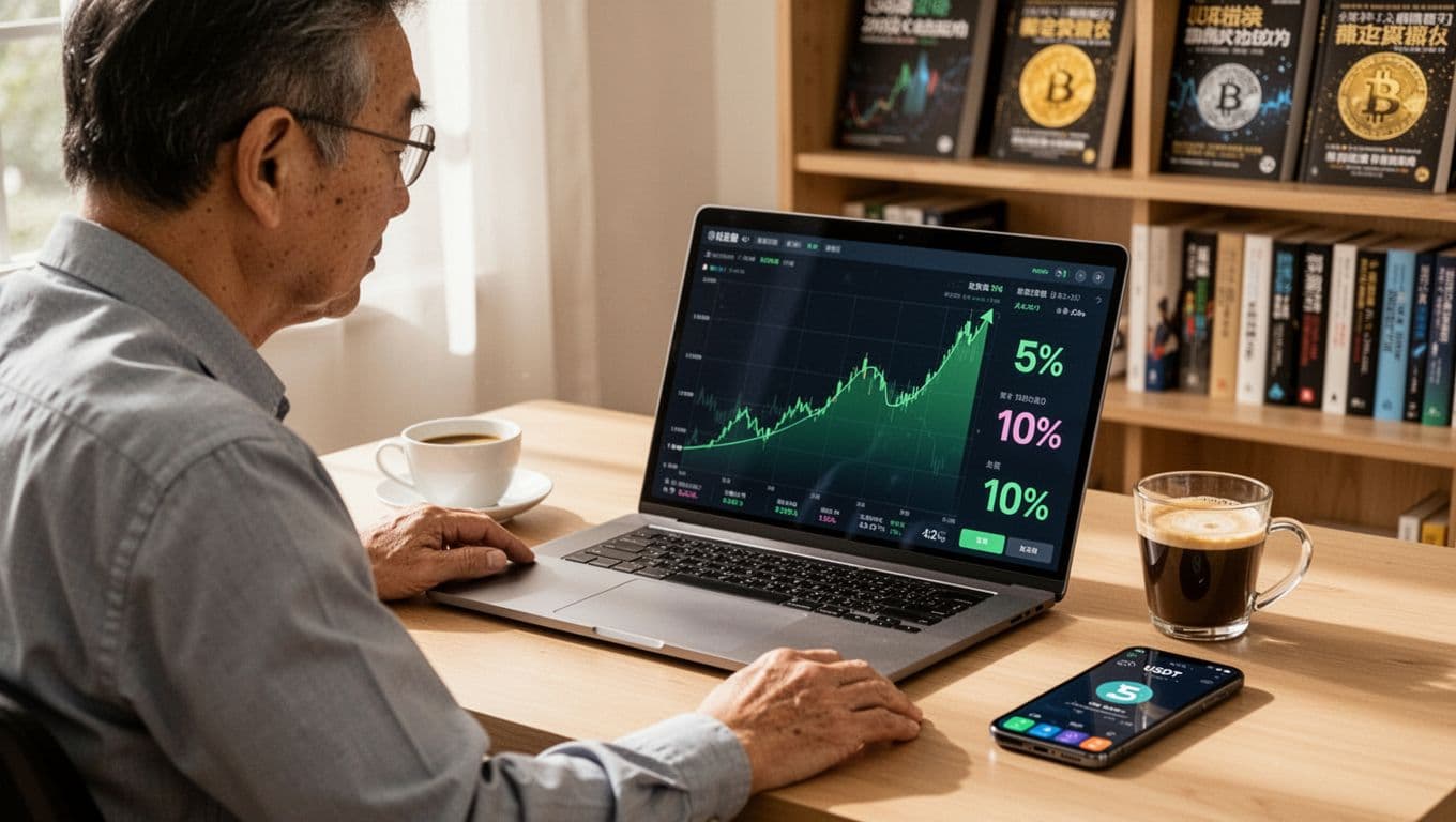 A middle-aged Taiwanese male investor sits focused at a bright home office desk, viewing a laptop screen with abstract green rising stablecoin yield charts showing 5% and 10%. Nearby are a coffee cup and phone with USDT wallet app, against a background of cryptocurrency books on a shelf.