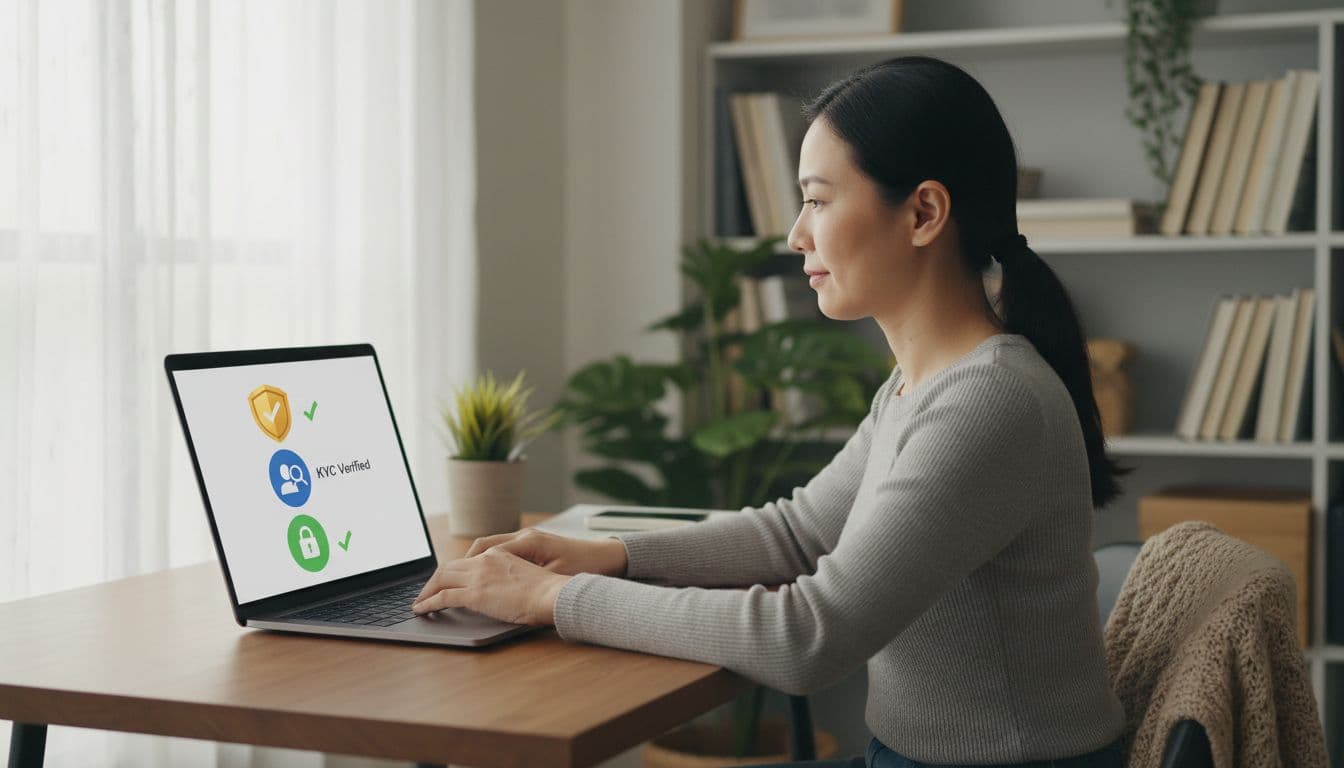 A Taiwanese adult in a cozy home office checks crypto exchange compliance on an official website using a laptop, with the screen showing simple checklist icons like a license badge and KYC verified under natural indoor lighting.